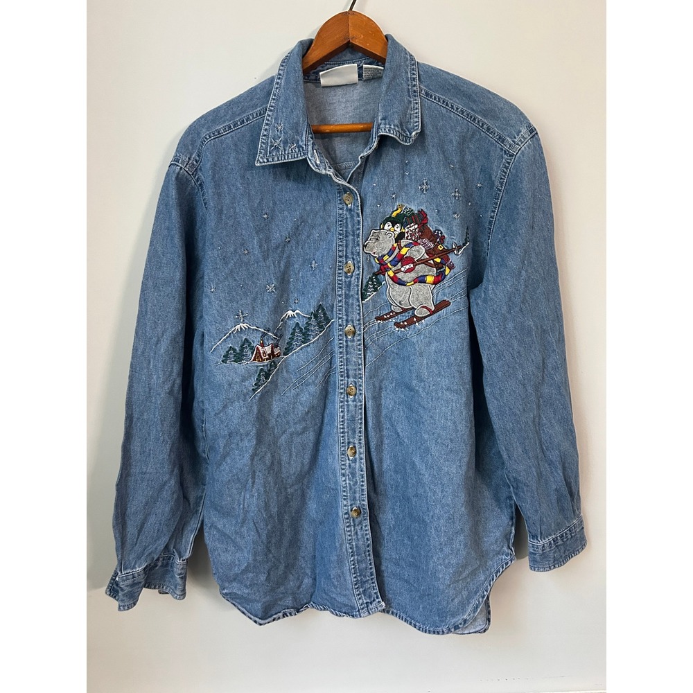 Cool Blues Denim Shirt Womens Medium Blue Embroidered Skiing Polar Bear Vintage